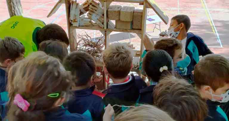 niños y niñas junto al hotel de insectos